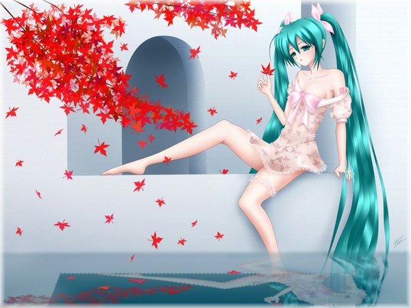 Anime picture 1024x768 with vocaloid hatsune miku light erotic girl water leaf (leaves)