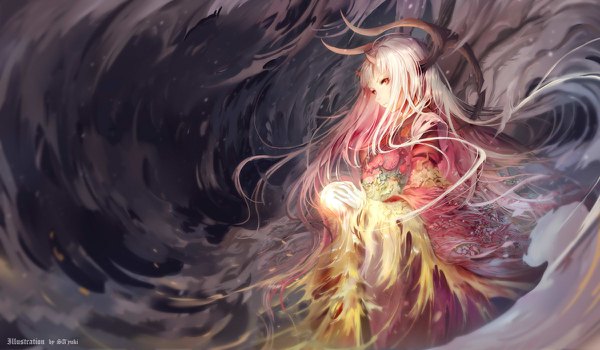 Anime-Bild 1200x700 mit original sa'yuki single long hair fringe wide image standing holding signed looking away pink hair traditional clothes japanese clothes pink eyes horn (horns) inscription wide sleeves floating hair floral print smoke
