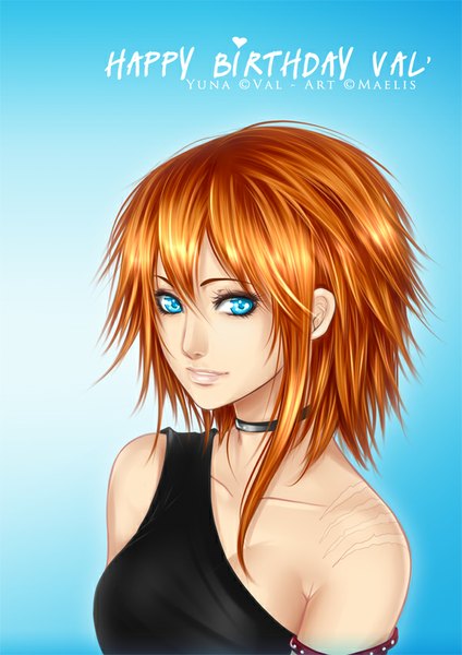 Anime picture 600x848 with m-aelis single tall image short hair breasts blue eyes simple background signed from above lips orange hair scar blue background happy birthday girl clothes