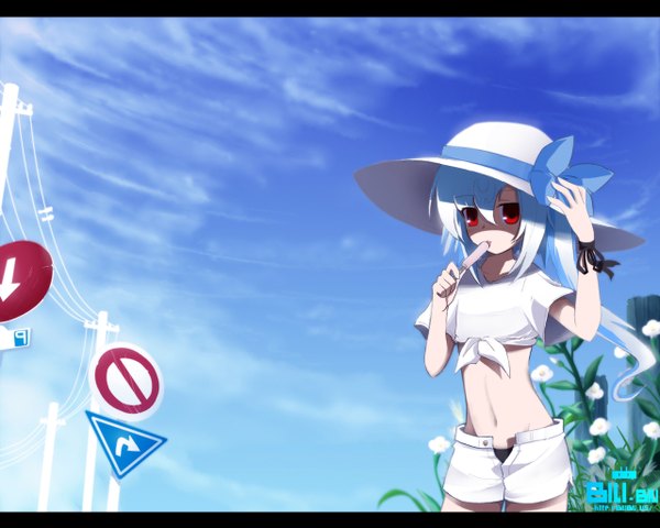 Anime picture 1280x1024 with bilibili douga bili girl 33 long hair red eyes blue hair sky cloud (clouds) white hair multicolored hair inscription two-tone hair eating girl navel flower (flowers) bow hat food shorts sweets