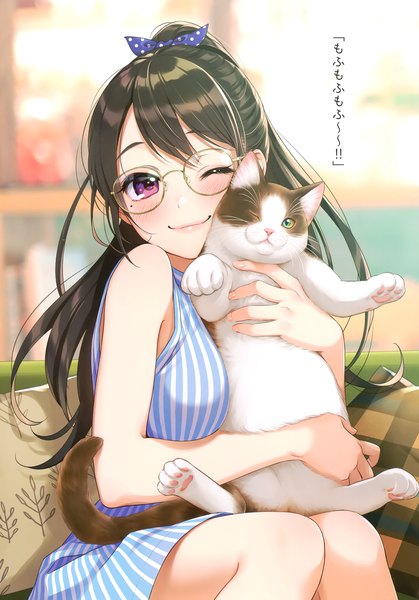 Anime picture 2400x3437 with original morikura en single long hair tall image looking at viewer blush fringe highres breasts black hair smile sitting purple eyes bare shoulders holding payot ponytail indoors one eye closed