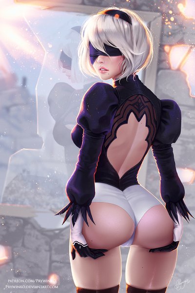 Anime picture 1000x1500 with nier nier:automata yorha no. 2 type b olga narhova single tall image fringe short hair light erotic silver hair ass lips realistic mole reflection bare back mole under mouth blindfold ass grab girl