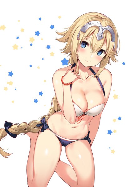 Anime picture 1200x1779 with fate (series) fate/apocrypha jeanne d'arc (fate) (all) jeanne d'arc (fate) yuran (cozyquilt) single tall image looking at viewer blush fringe breasts blue eyes light erotic simple background blonde hair hair between eyes large breasts white background sitting cleavage
