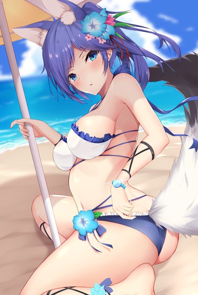 Anime picture 1344x2000 with azur lane jintsuu (azur lane) ranju aira single long hair tall image looking at viewer blush fringe breasts blue eyes light erotic sitting holding animal ears blue hair sky cloud (clouds) ass outdoors