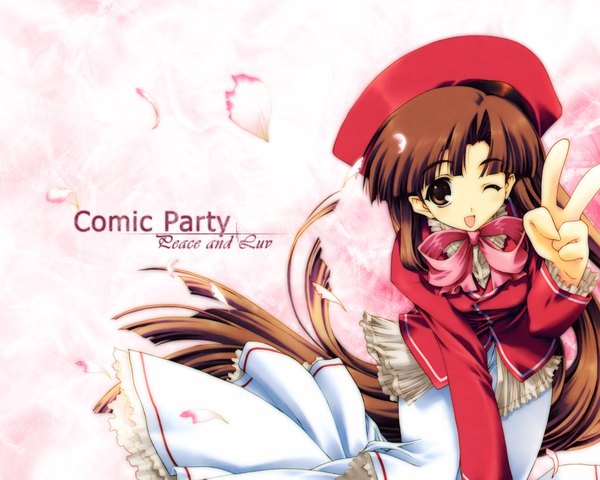 Anime picture 1280x1024 with comic party mikage subaru single looking at viewer open mouth brown hair brown eyes very long hair one eye closed wink victory ;d girl petals cap