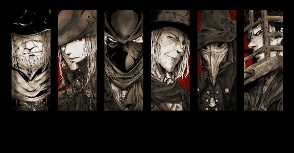 Anime picture 1266x660 with bloodborne from software lady maria of the astral clocktower hunter (bloodborne) gehrman the first hunter eileen the crow father gascoigne micolash host of the nightmare noshi looking at viewer short hair smile red eyes wide image multiple girls multiple boys scar multiview bandage over eyes girl