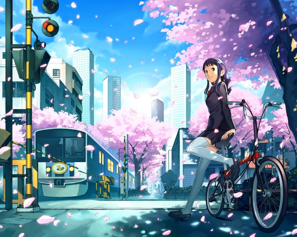 Anime picture 1280x1024 with original katoh akatsuki single long hair blue eyes smile sky purple hair cloud (clouds) cherry blossoms spring girl thighhighs uniform plant (plants) school uniform petals white thighhighs tree (trees) ground vehicle