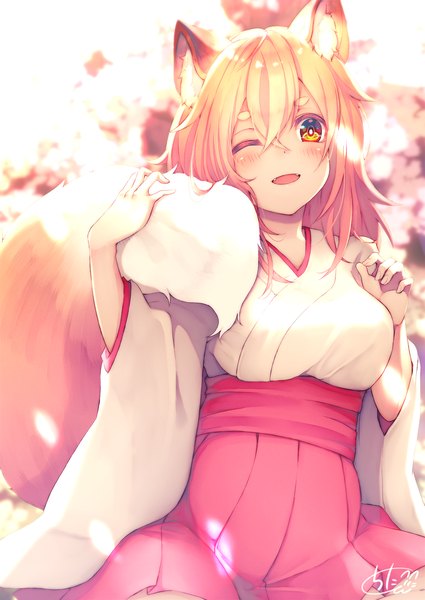 Anime-Bild 1417x2000 mit original chita (ketchup) single long hair tall image looking at viewer blush fringe breasts open mouth blonde hair smile hair between eyes large breasts signed animal ears tail traditional clothes japanese clothes animal tail