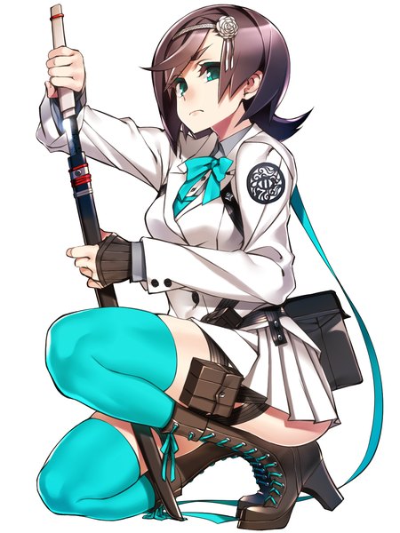 Anime picture 1200x1600 with 7th dragon 2020 samurai (7th dragon) okita baba single tall image looking at viewer fringe short hair breasts simple background brown hair white background holding green eyes bent knee (knees) long sleeves pleated skirt hair flower high heels kneeling