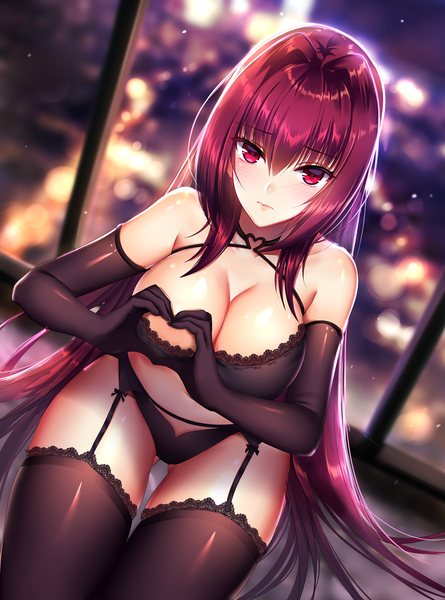 Anime picture 1020x1375 with fate (series) fate/grand order scathach (fate) (all) scathach (fate) mallizmora single long hair tall image looking at viewer blush fringe breasts light erotic hair between eyes red eyes large breasts bare shoulders cleavage purple hair heart hands