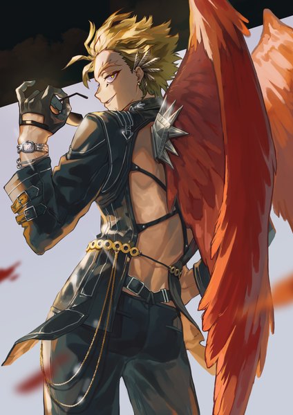 Anime picture 1736x2455 with boku no hero academia studio bones hawks (boku no hero academia) kawaharaaisu single tall image looking at viewer highres short hair blonde hair standing yellow eyes profile looking back from behind hand on hip shaded face sunglasses removed boy gloves