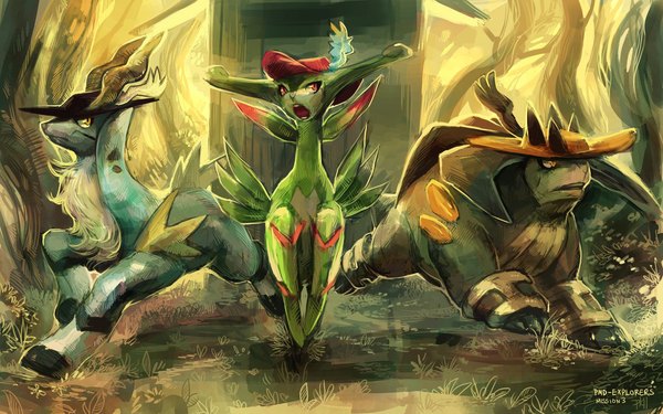 Anime picture 1131x707 with pokemon nintendo virizion cobalion terrakion glitchedpuppet open mouth wide image tail horn (horns) group no people gen 5 pokemon plant (plants) wings grass pokemon (creature)