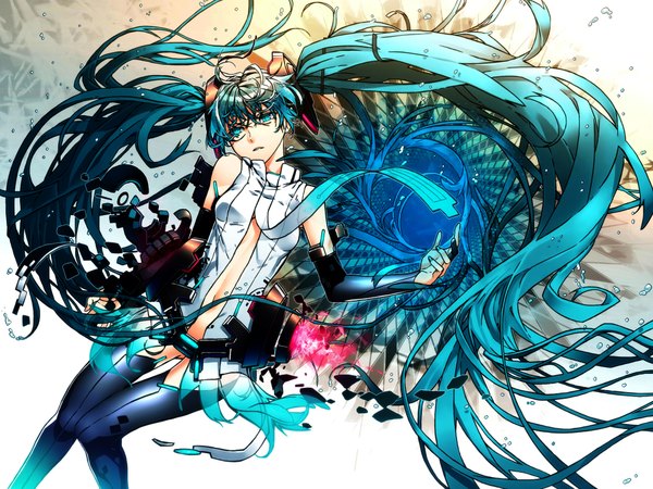 Anime picture 2048x1536 with vocaloid vocaloid append hatsune miku hatsune miku (append) long hair highres twintails very long hair aqua eyes aqua hair girl gloves necktie elbow gloves