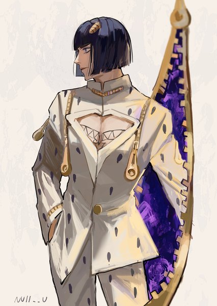 Anime picture 1641x2312 with jojo no kimyou na bouken bruno buccellati null (skev7724) single tall image fringe short hair black hair simple background standing looking away blunt bangs profile tattoo hand in pocket boy zipper