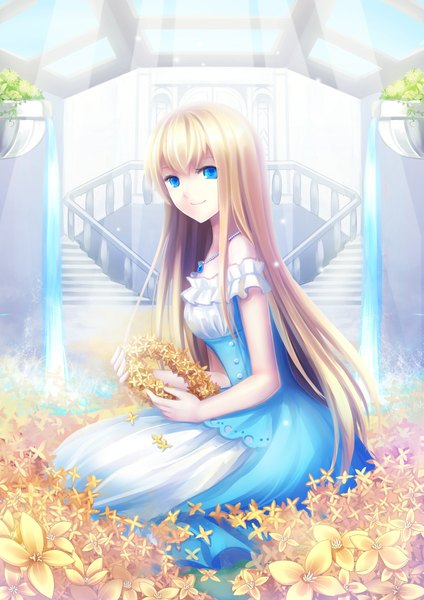 Anime picture 1488x2104 with original mao a mi mi single long hair tall image looking at viewer blue eyes blonde hair smile sitting hair flower sunlight sunbeam girl hair ornament flower (flowers) water pendant jewelry necklace