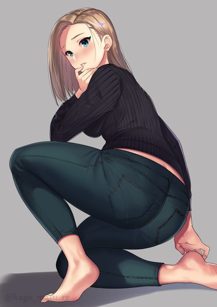 Anime picture 1771x2508 with original kagematsuri single long hair tall image looking at viewer blush fringe highres blue eyes light erotic simple background blonde hair signed full body ass long sleeves parted lips looking back barefoot