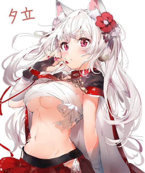 Anime picture 1694x2020 with azur lane yuudachi (azur lane) yuudachi (shogun of snowballs) (azur lane) umibouzu (niito) single long hair tall image looking at viewer blush fringe breasts light erotic simple background red eyes white background animal ears upper body white hair nail polish hair flower