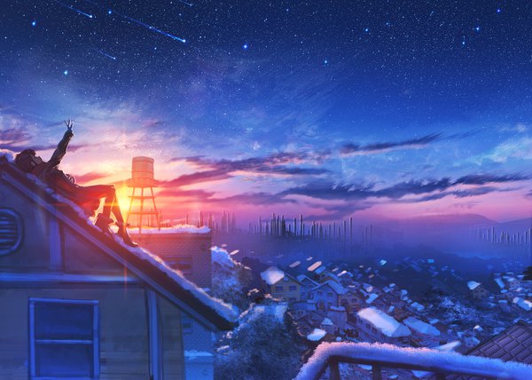 Anime picture 2800x2000 with original kenzo 093 single fringe highres short hair black hair cloud (clouds) full body outdoors lying eyes closed arm up night on back night sky city evening sunset winter