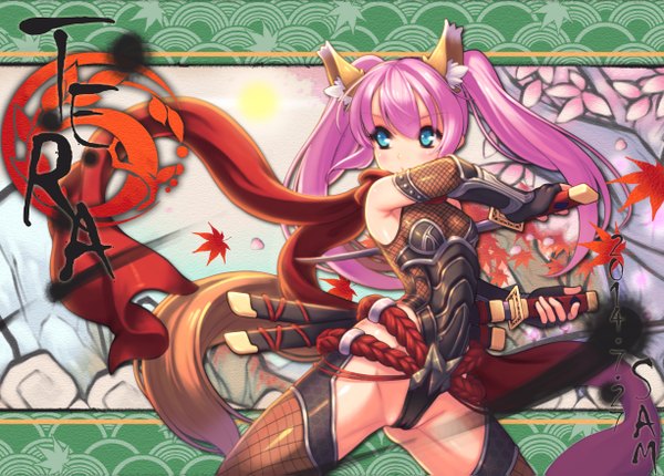 Anime picture 1226x879 with tera online elin (tera) ecell (artist) single long hair blush blue eyes light erotic twintails animal ears looking away pink hair tail animal tail girl thighhighs weapon sword armor katana