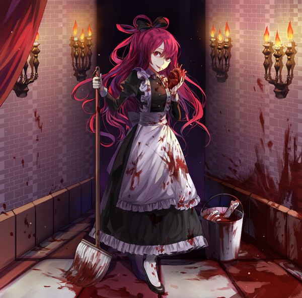 Anime picture 2000x1977 with original kim eb single long hair fringe highres smile hair between eyes red eyes standing holding looking away red hair head tilt maid wavy hair checkered floor floor blood on face bloody clothes