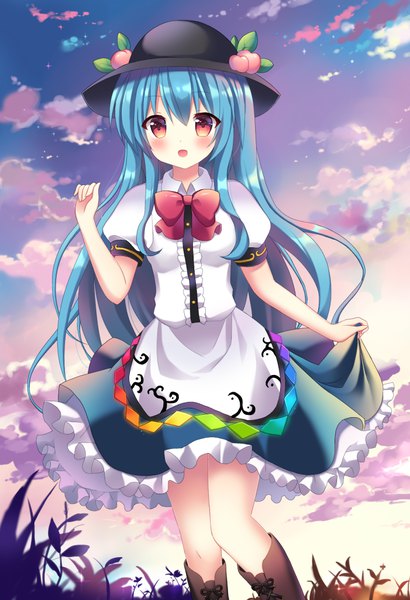 Anime picture 701x1024 with touhou hinanawi tenshi mayo (miyusa) single long hair tall image looking at viewer blush fringe open mouth hair between eyes red eyes blue hair sky cloud (clouds) :d puffy sleeves evening sunset girl