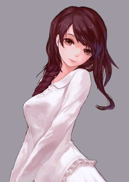 Anime picture 1476x2084 with original shou xun bu liang single long hair tall image looking at viewer fringe simple background brown hair standing brown eyes payot upper body braid (braids) long sleeves head tilt light smile lips grey background single braid