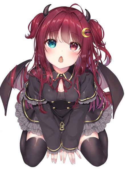 Anime picture 1165x1594 with virtual youtuber nijisanji yuzuki roa senagawa roro single long hair tall image looking at viewer fringe open mouth simple background hair between eyes red eyes white background sitting cleavage ahoge bent knee (knees) red hair horn (horns)