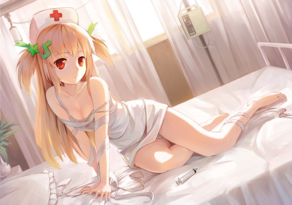 Anime-Bild 2480x1748 mit original xiaoyin li single long hair looking at viewer fringe highres light erotic blonde hair red eyes sitting bare shoulders payot cleavage full body indoors barefoot arm support two side up dutch angle