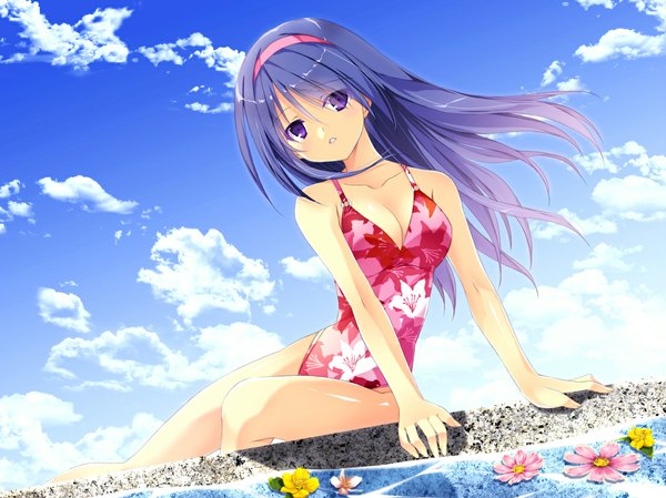Anime picture 1063x797 with original kobayashi chisato single long hair light erotic purple eyes blue hair cloud (clouds) girl flower (flowers) swimsuit hairband