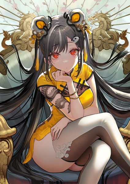 Anime picture 1768x2500 with original okuma mai single long hair tall image looking at viewer fringe highres light erotic black hair red eyes sitting payot traditional clothes multicolored hair short sleeves hair bun (hair buns) tattoo streaked hair crossed legs