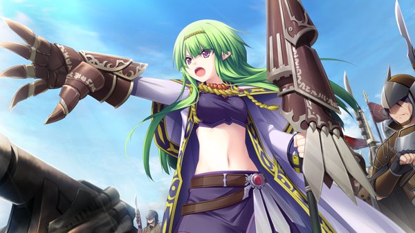 Anime picture 1280x720 with madou koukaku eushully long hair open mouth wide image purple eyes game cg green hair midriff army girl navel weapon armor spear