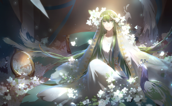 Anime picture 1639x1009 with fate (series) fate/strange fake enkidu (fate) tebd menkin single long hair fringe hair between eyes wide image sitting green eyes looking away full body bent knee (knees) hair flower green hair light smile androgynous boy flower (flowers)