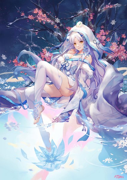 Anime picture 1061x1500 with miracle nikki atdan single long hair tall image looking at viewer light erotic yellow eyes white hair reflection girl dress plant (plants) petals tree (trees) white dress snowflake (snowflakes) toeless legwear