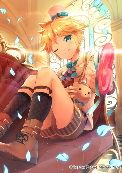 Anime picture 1240x1753 with vocaloid kagamine len cocolo (co co lo) single tall image looking at viewer blush fringe short hair blonde hair smile sitting holding bent knee (knees) indoors head tilt one eye closed aqua eyes wink :q