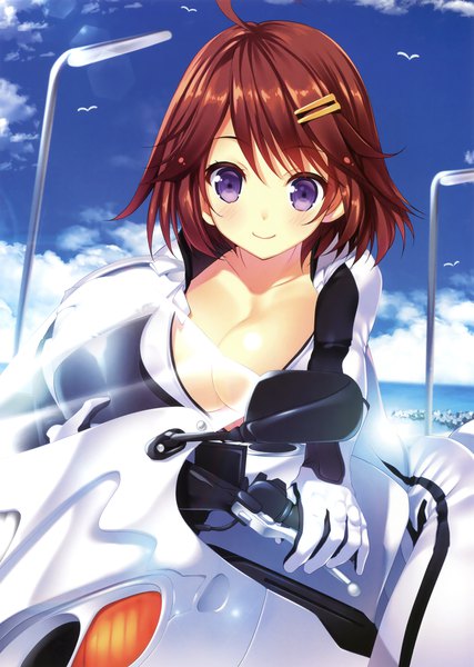 Anime picture 2494x3500 with original tamiya akito single tall image looking at viewer highres short hair breasts light erotic brown hair large breasts purple eyes sky cleavage cloud (clouds) ahoge light smile scan girl gloves