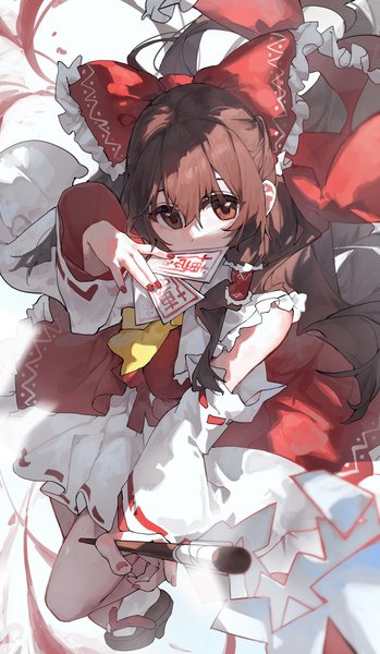Anime picture 2176x3741 with touhou hakurei reimu sentter single long hair tall image looking at viewer fringe highres hair between eyes brown hair holding brown eyes full body bent knee (knees) long sleeves nail polish traditional clothes japanese clothes from above