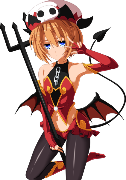Anime picture 2525x3600 with choujigen game neptune blanc ironizer single tall image highres short hair blue eyes light erotic tail orange hair bare belly midriff kneeling coloring transparent background demon tail demon wings girl gloves