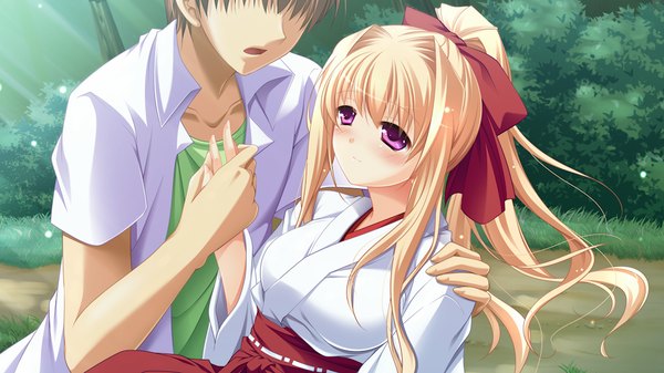 Anime picture 1024x576 with fortuna rhapsody long hair blush blonde hair wide image game cg pink eyes girl boy bow hair bow