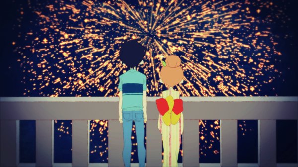 Anime picture 1280x720 with original momoiro oji short hair brown hair wide image standing sky traditional clothes japanese clothes from behind night hair bun (hair buns) night sky couple back fireworks dark hair girl boy hair ornament