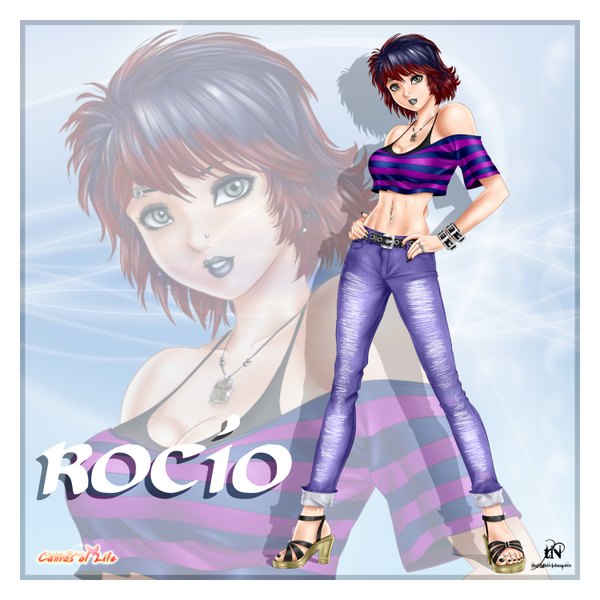 Anime picture 3000x3000 with canvas of life (manga) rocio (canvas of life) thenightwishmaster single looking at viewer highres short hair green eyes signed multicolored hair lips two-tone hair bare belly character names piercing framed zoom layer hands on hips borrowed character girl