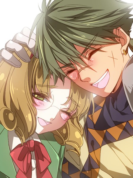 Anime picture 600x800 with magic knight rayearth clamp hououji fuu ferio hanei riri (artist) tall image blush blonde hair green eyes eyes closed head tilt one eye closed green hair drill hair happy scar hand on another's head girl boy gloves