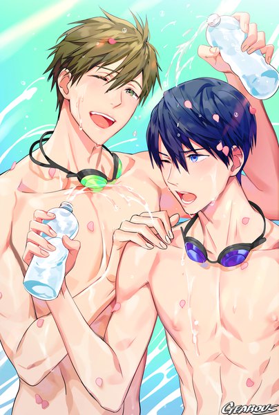 Anime picture 950x1411 with free! kyoto animation nanase haruka (free!) tachibana makoto gearous tall image looking at viewer fringe short hair open mouth blue eyes light erotic smile hair between eyes brown hair holding green eyes signed blue hair looking away