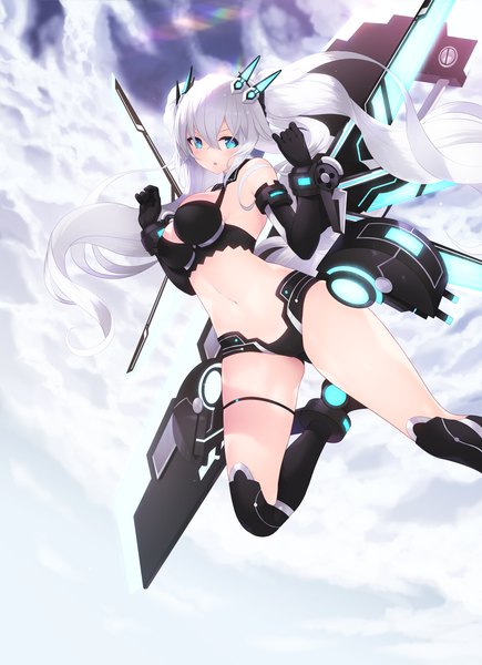 Anime picture 5906x8150 with choujigen game neptune black heart cait single long hair tall image blush fringe highres breasts open mouth blue eyes light erotic hair between eyes twintails looking away absurdres sky cloud (clouds) bent knee (knees)