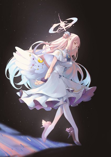 Anime picture 2480x3508 with blue archive mika (blue archive) peropicnic single long hair tall image highres simple background yellow eyes pink hair full body hair bun (hair buns) high heels black background looking down white wings girl dress pantyhose wings
