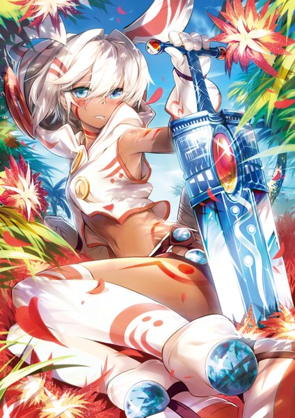 Anime picture 2431x3438 with original mdastarou single tall image looking at viewer blush highres short hair blue eyes animal ears white hair girl thighhighs gloves navel flower (flowers) weapon petals white thighhighs sword
