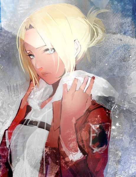 Anime picture 1000x1300 with shingeki no kyojin production i.g annie leonhart hebi (yurari) single tall image looking at viewer short hair blue eyes blonde hair nail polish lips open clothes open jacket serious girl hair ornament jacket hood