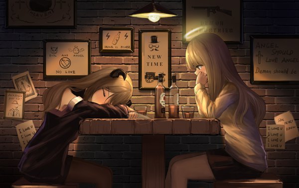 Anime picture 2764x1748 with original yurichtofen long hair blush fringe highres blonde hair hair between eyes brown hair sitting bare shoulders multiple girls payot indoors eyes closed long sleeves profile horn (horns) black eyes text