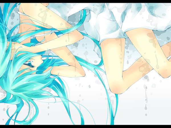 Anime picture 1280x960 with vocaloid hatsune miku blue eyes bare shoulders green hair girl sundress