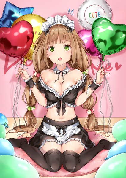 Anime picture 1447x2046 with original yoshida iyo single long hair tall image looking at viewer fringe open mouth light erotic brown hair sitting twintails green eyes full body blunt bangs :o midriff maid no shoes kneeling
