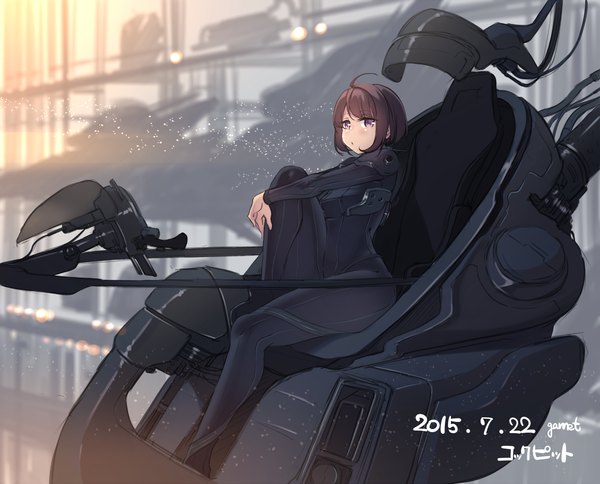 Anime picture 1180x952 with original garnet (artist) single looking at viewer short hair brown hair sitting purple eyes signed ahoge bent knee (knees) parted lips dated leg hug girl bodysuit wire (wires) robot